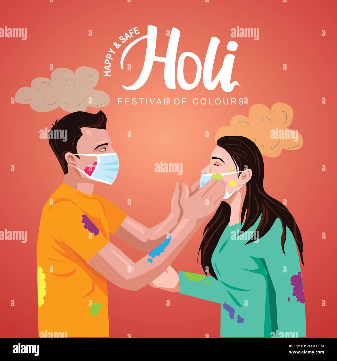 happy Holi Indian festival. Young couple Playing Holi celebration On white  dress, poster, banner, wallpaper. vector illustration design. covid-19, cor  Stock Vector Image & Art - Alamy
