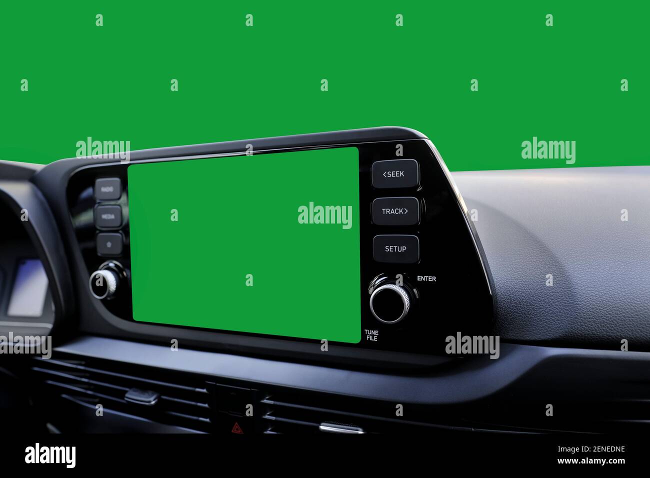 Green navigation screen on dashboard and green windscreen from inside