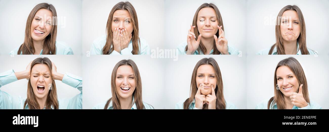 Set of beautiful woman with different facial emotions or expressions Stock Photo