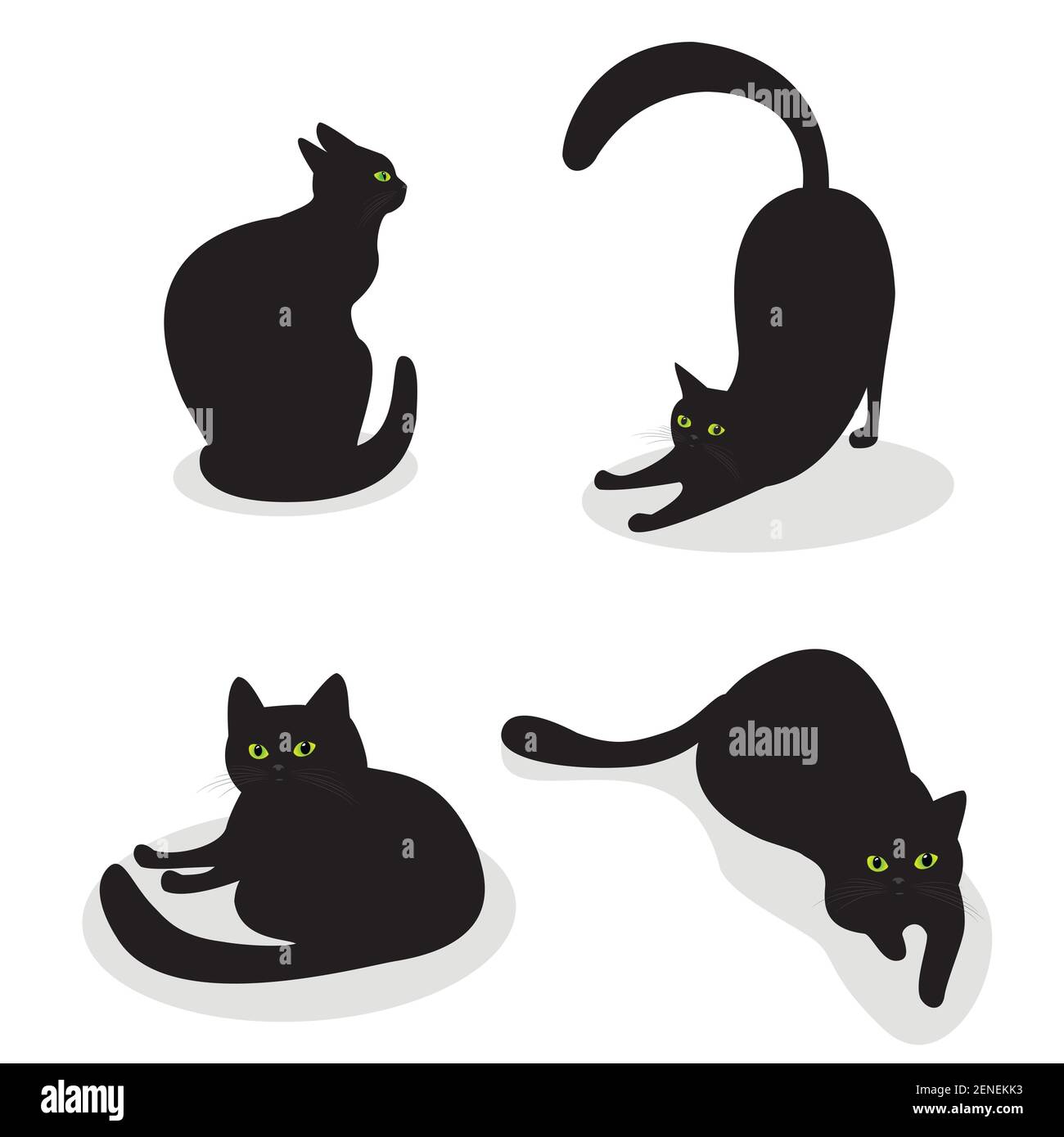 Icon black cats set cute pets in various poses with big green eyes isolated  vector illustration