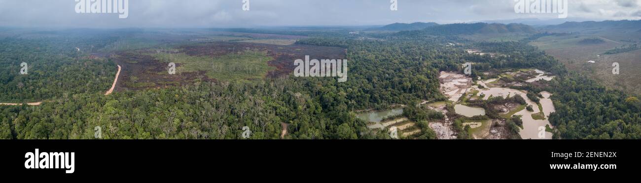 Panoramic aerial view of deforestation in the Amazon rainforest, illegal gold mining, forest fire burn for cattle pasture farm, river with mercury. Stock Photo