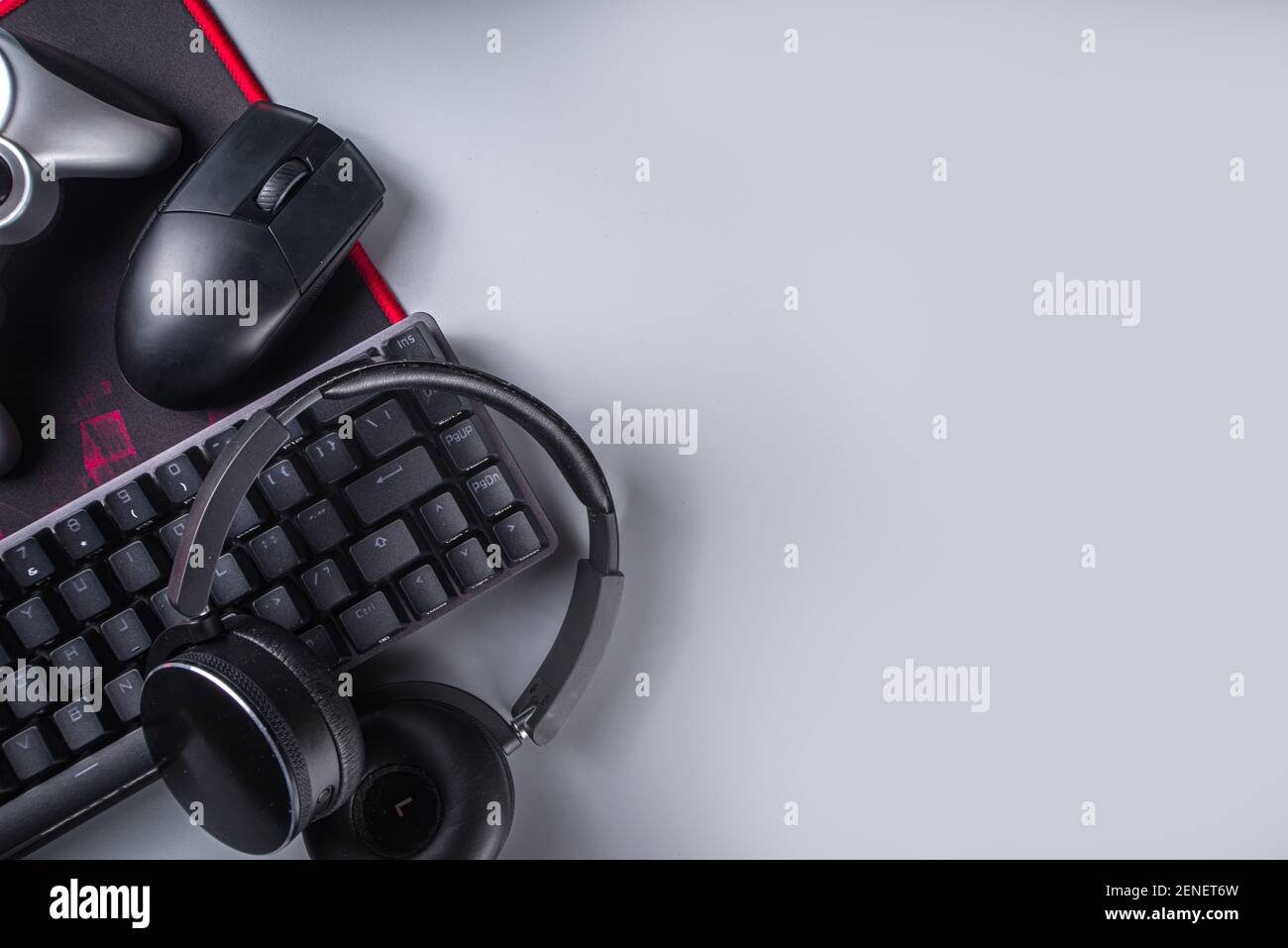 Gaming and gamer devices concept. Gamer work table space background