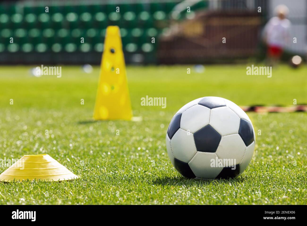 Football Background Sports Soccer Training Equipment Classic Football Ball Training Cones Markers And Ladder On Grass Turf Field Kids Playing Spo Stock Photo Alamy