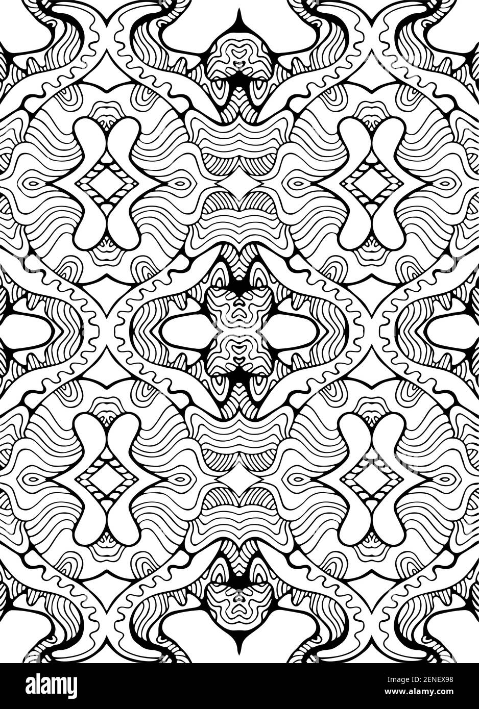 Black and white ornament with maze of patterns line, doodle syle coloring page. Psychedelic stylish card. Vector illustration. Antistress surreal trib Stock Vector