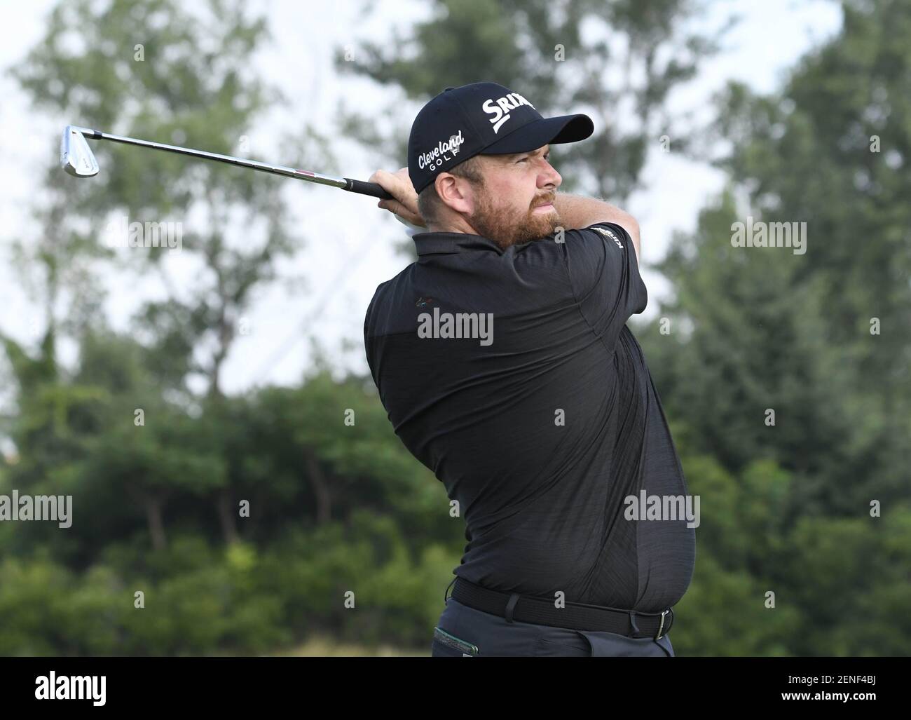 Aug 8, 2019; Jersey City, NJ, USA; Shane Lowry watches his tee shot on the 3rd hole during the first round of The Northern Trust golf tournament at Liberty National Golf Course. Mandatory Credit: Mark Konezny-USA TODAY Sports/Sipa USA Stock Photo
