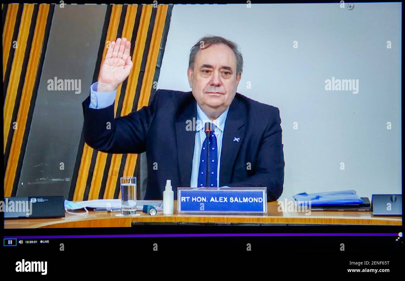 Edinburgh, Scotland, UK. 26th Feb, 2021. Pictured: Alex Salmond, Former First Minister of Scotland and Former Leader of the Scottish National Party (SNP) seen giving evidence to the Committee of the Scottish Government Handling of Harassment Complaints. He is seen on Parliament TV where he has been given four hours in which to give his evidence. He was scheduled on Tuesday earlier this week, however due to complications of certain pieces if evidence not being published Mr Salmond's team delayed until today. Credit: Colin Fisher/Alamy Live News Stock Photo