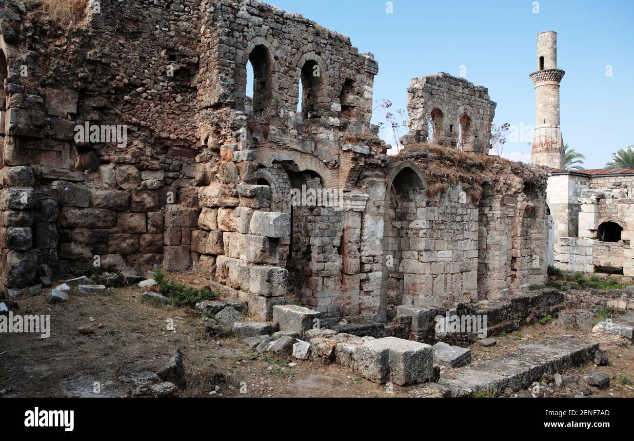 Ruins of the Kesik Minaret Mosque and Byzantine church, Kaleiçi (Old Antalya), Turkey Stock Photo