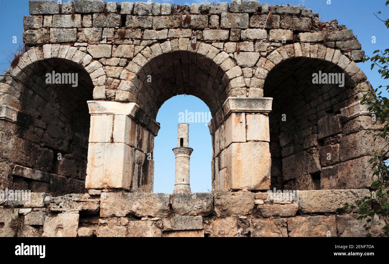 Ruins of the Kesik Minaret Mosque and Byzantine church, Kaleiçi (Old Antalya), Turkey Stock Photo