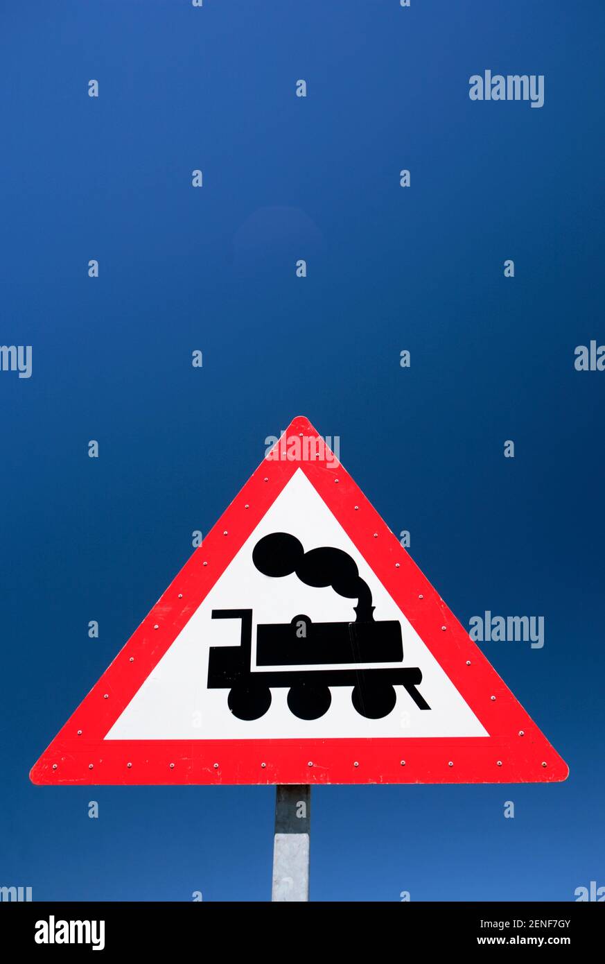 Railway crossing warning sign, nr Grahamstown, Eastern Cape, South Africa Stock Photo