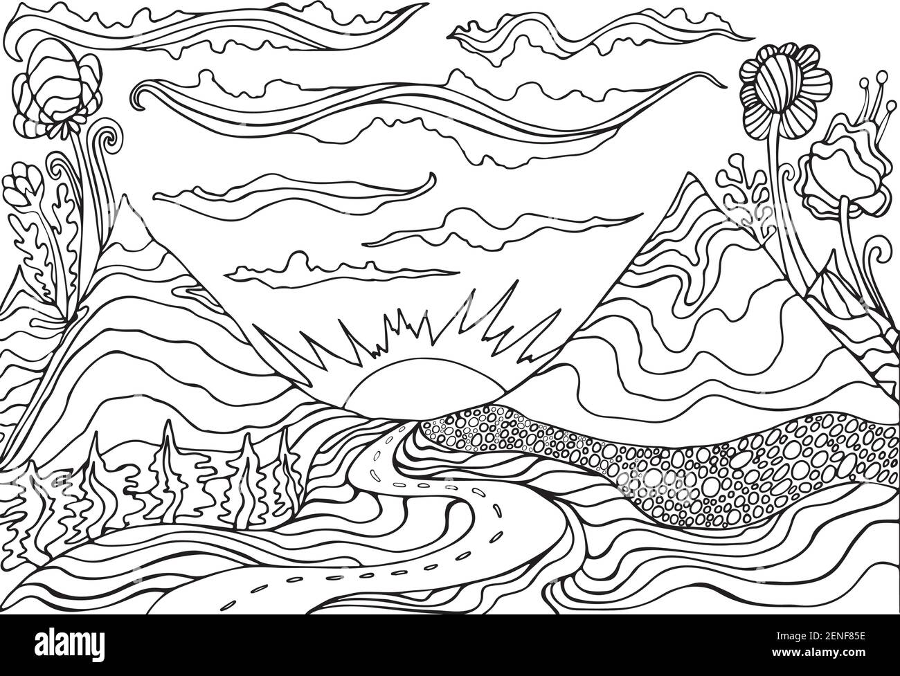 Creative coloring page fantasy with a mountain landscape,clouds,sun and the road leading into the sunset. Cartoon doodle style. Fantastic psychedelic Stock Vector