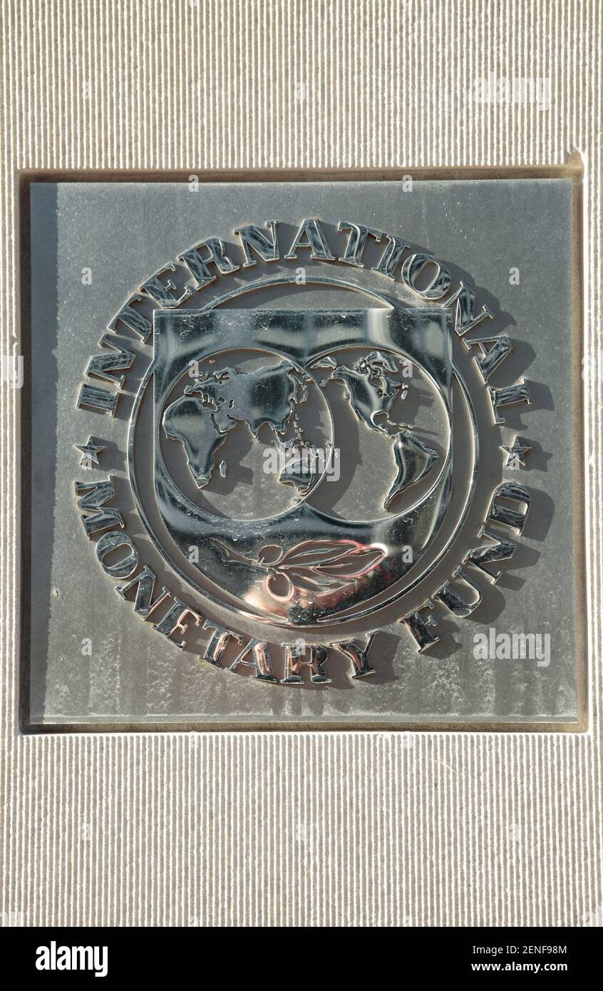 Emblem of the International Monetary Fund, Pennsylvania Avenue, Washington D.C., United States of America. Stock Photo