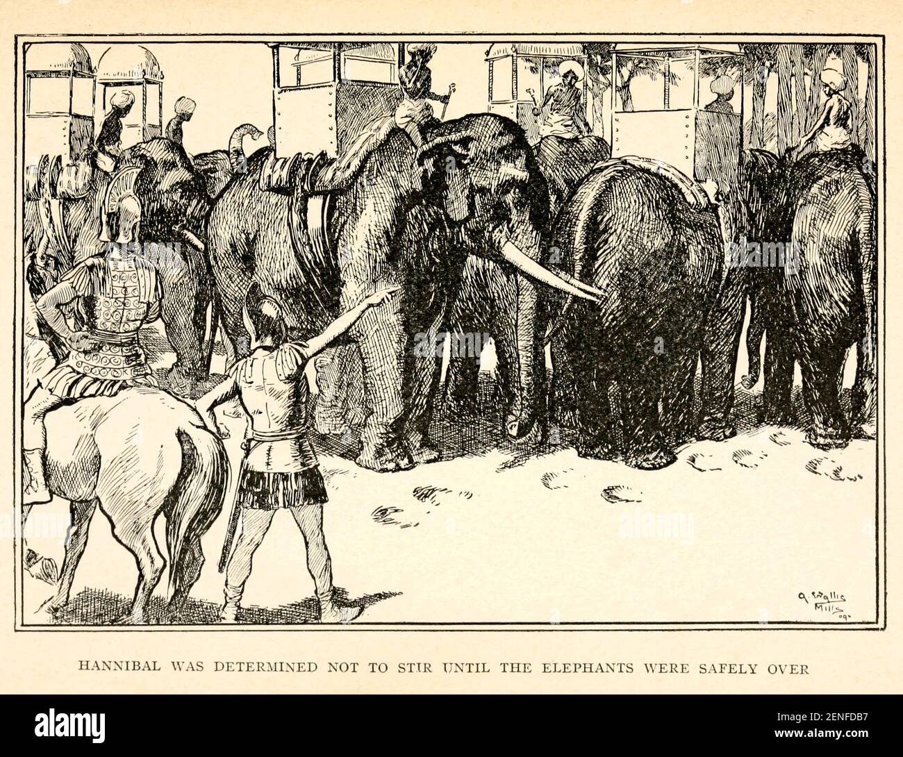 Hannibal was determined not to stir until the elephants were safely over illustrating the Story ' Hannibal ' From the book '  The red book of heroes ' by Mrs. Lang, Edited by Andrew Lang, illustrated by A. Wallis Mills, Published by Longmans, Green, and Co. New York, London, Bombay and Calcutta in 1909 Stock Photo