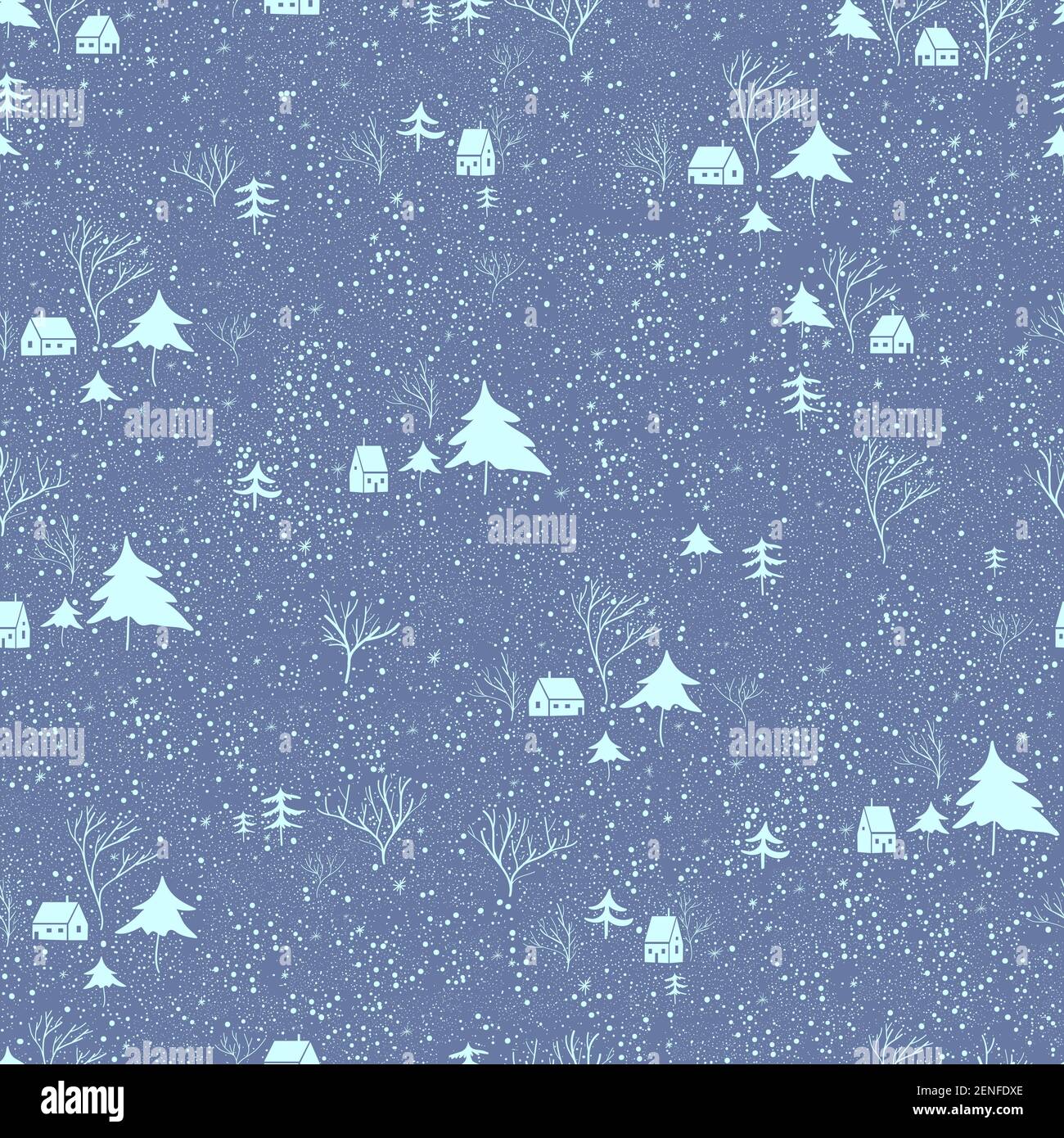 Winter seamless pattern with snowy houses, Christmas trees and trees ...
