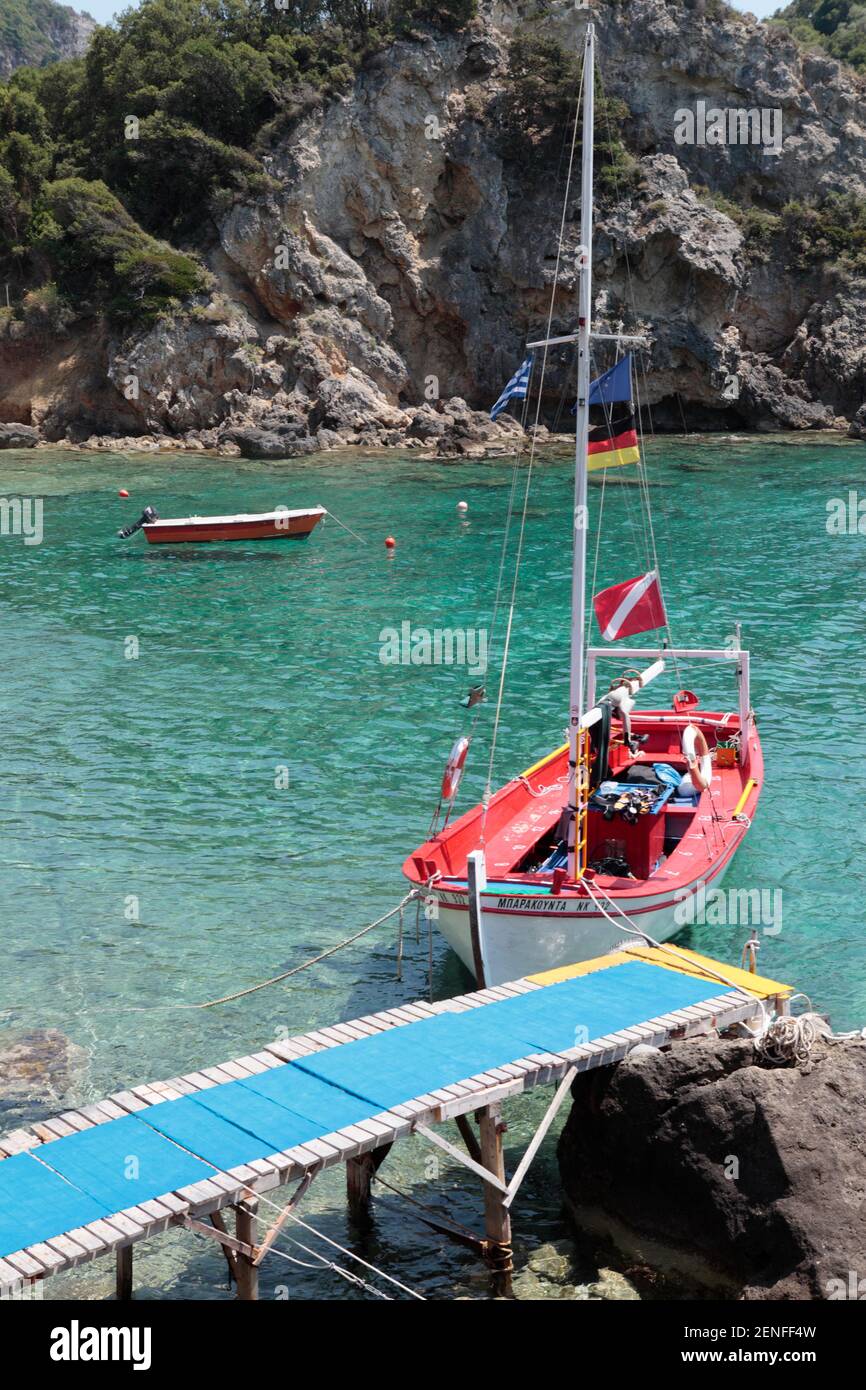 Fishing Boat in Palaiokastritsa, Corfu, Greece Stock Photo
