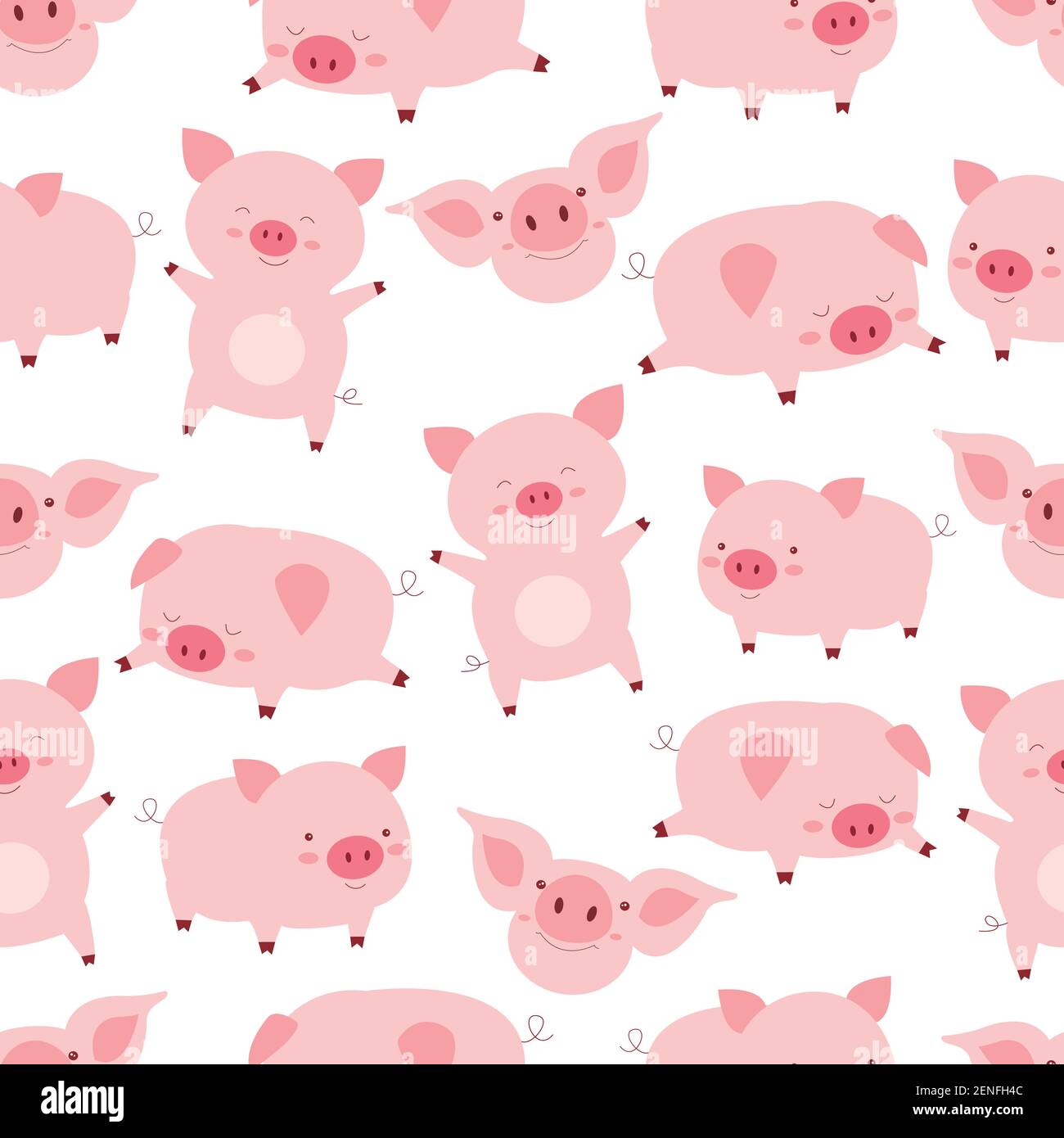 Seamless kawaii pattern cheerful little cute pigs, in different poses, in  white background. Funny cartoon animals vector illustration. Texture with  fl Stock Vector Image & Art - Alamy