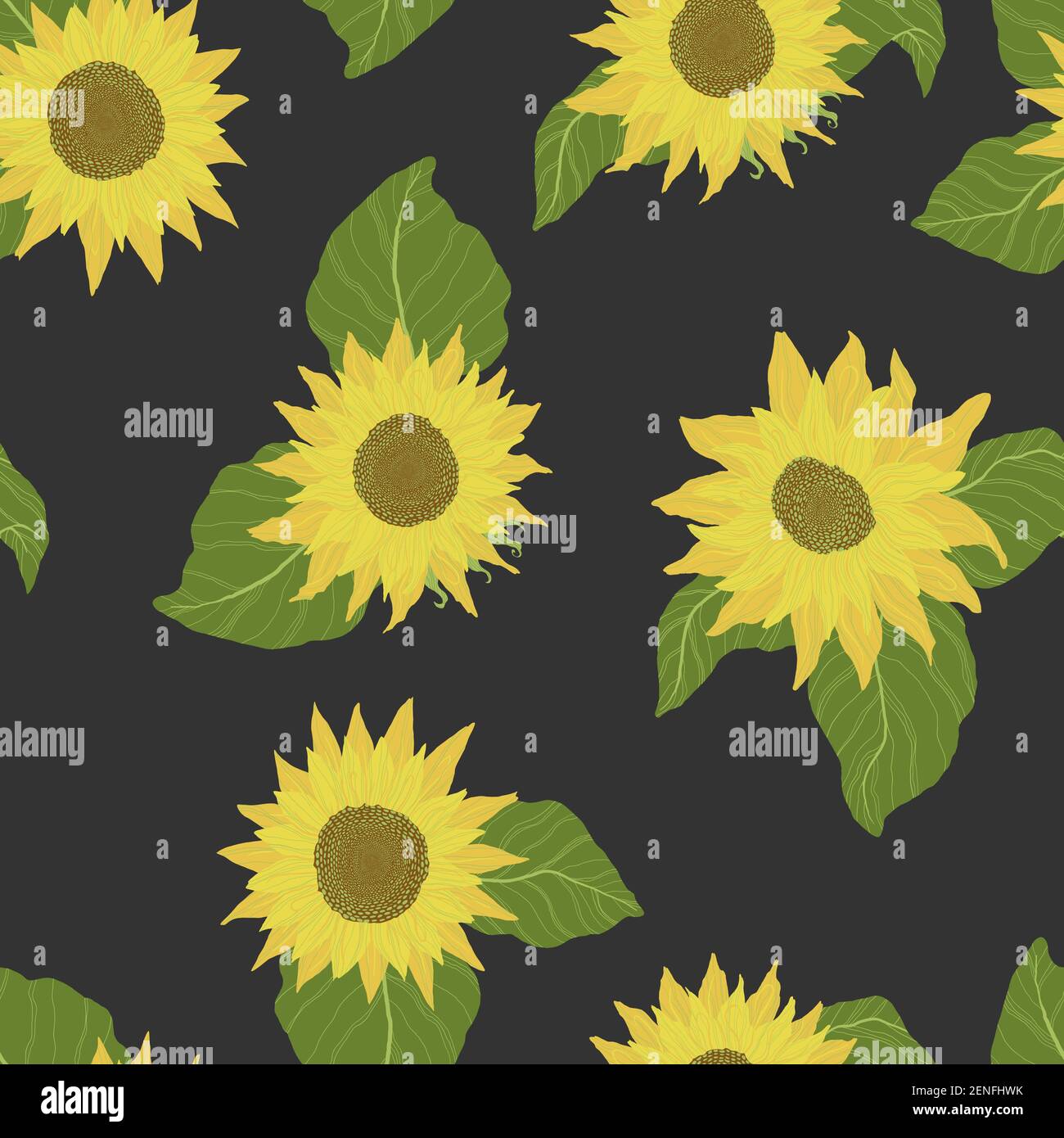 Seamless pattern with sunflowers on black background.  Vector background with yellow flower in cartoon flat design. Stock Vector