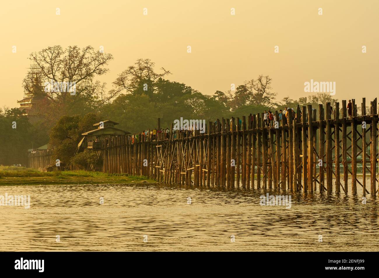 Sunset with u bein bridge in Myanmar, Burma Stock Photo