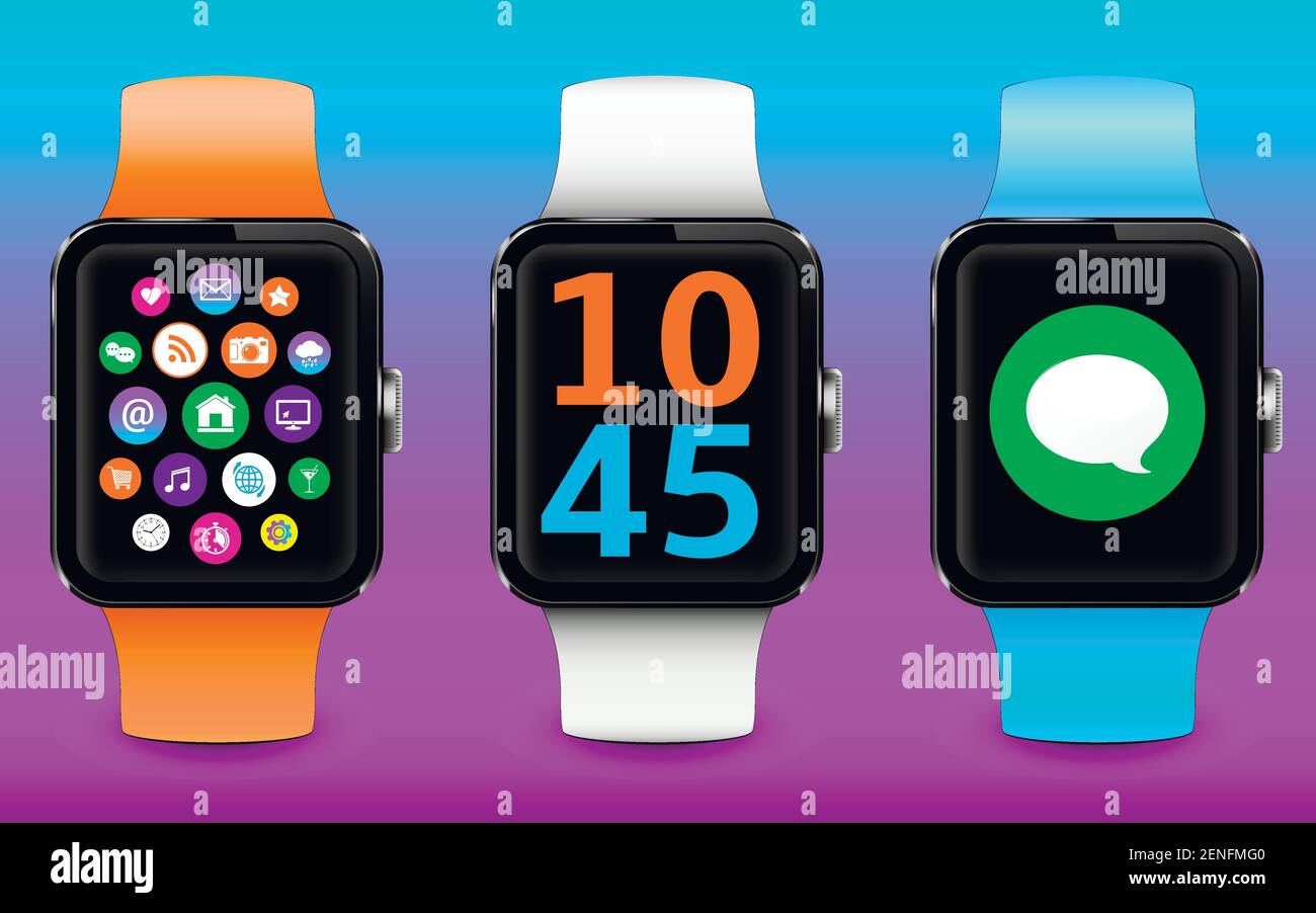 Modern smartwatch with colorful straps and widgets on the screen Stock Vector