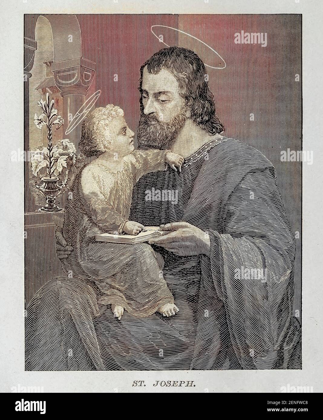 Saint Joseph From ' The pictorial Catholic library ' containing seven volumes in one: History of the Blessed Virgin -- The dove of the tabernacle -- Catholic history -- Apparition of the Blessed Virgin -- A chronological index -- Pastoral letters of the Third Plenary. Council -- A chaplet of verses -- Catholic hymns  Published in New York by Murphy & McCarthy in 1887 Stock Photo