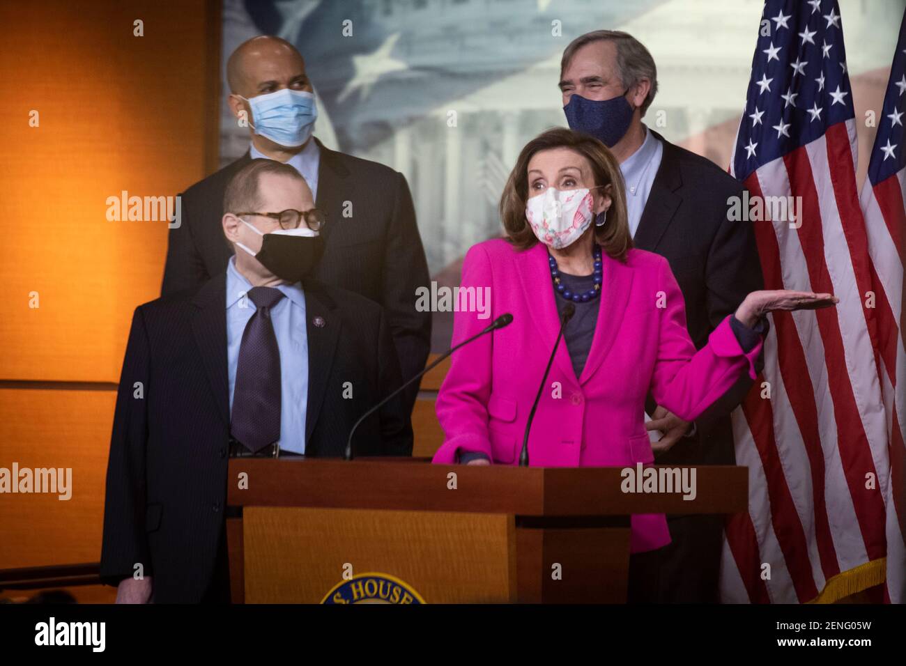 Speaker of the United States House of Representatives Nancy Pelosi (Democrat of California) is joined by Bicameral Democratic Leaders for a press conference ahead of House passage of H.R. 5 - the Equality Act, at the U.S. Capitol in Washington, DC, Thursday, February 25, 2021. Credit: Rod Lamkey/CNP /MediaPunch Stock Photo