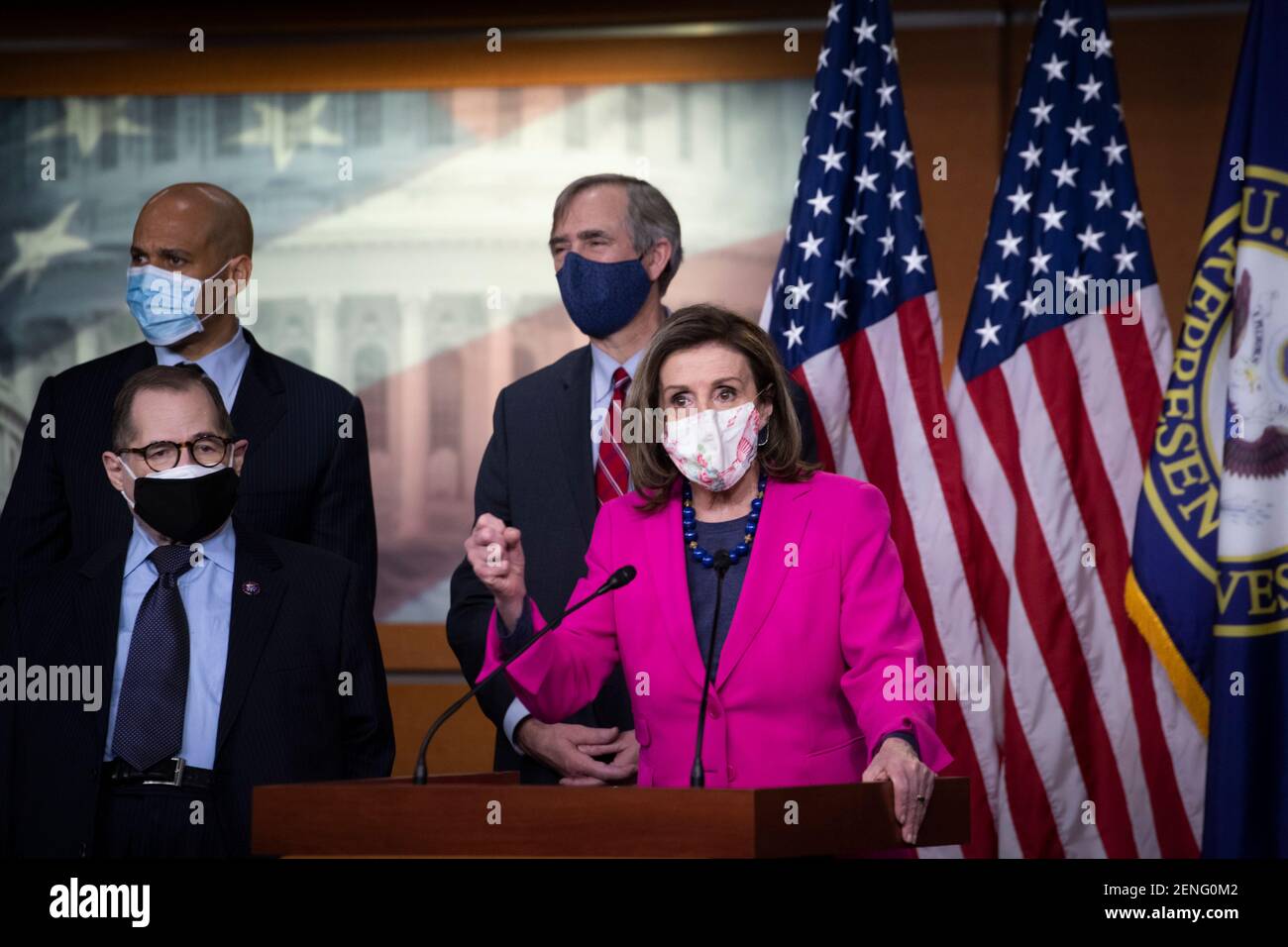 Speaker of the United States House of Representatives Nancy Pelosi (Democrat of California) is joined by Bicameral Democratic Leaders for a press conference ahead of House passage of H.R. 5 - the Equality Act, at the U.S. Capitol in Washington, DC, Thursday, February 25, 2021. Credit: Rod Lamkey/CNP /MediaPunch Stock Photo