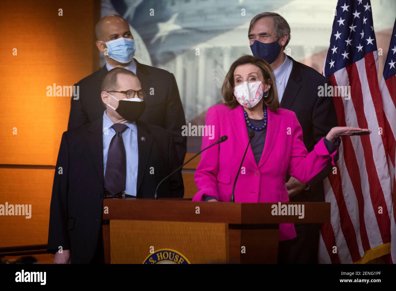 Speaker of the United States House of Representatives Nancy Pelosi (Democrat of California) is joined by Bicameral Democratic Leaders for a press conference ahead of House passage of H.R. 5 - the Equality Act, at the U.S. Capitol in Washington, DC, Thursday, February 25, 2021. Credit: Rod Lamkey/CNP /MediaPunch Stock Photo