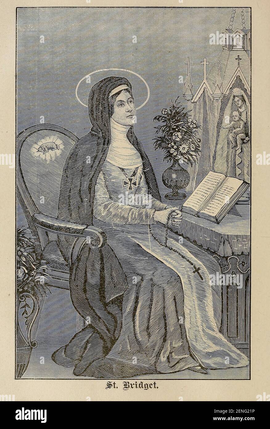 St. Bridget From ' The pictorial Catholic library ' containing seven volumes in one: History of the Blessed Virgin -- The dove of the tabernacle -- Catholic history -- Apparition of the Blessed Virgin -- A chronological index -- Pastoral letters of the Third Plenary. Council -- A chaplet of verses -- Catholic hymns  Published in New York by Murphy & McCarthy in 1887 Stock Photo