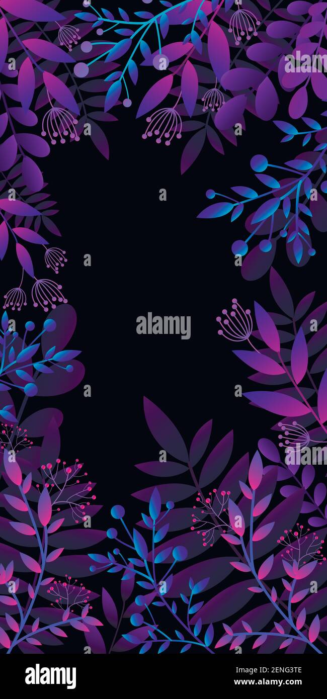 Colorful invitation card with bright plants, flowers. Template frame bright gradient colors,in flat style. Vector background with space for text - pla Stock Vector