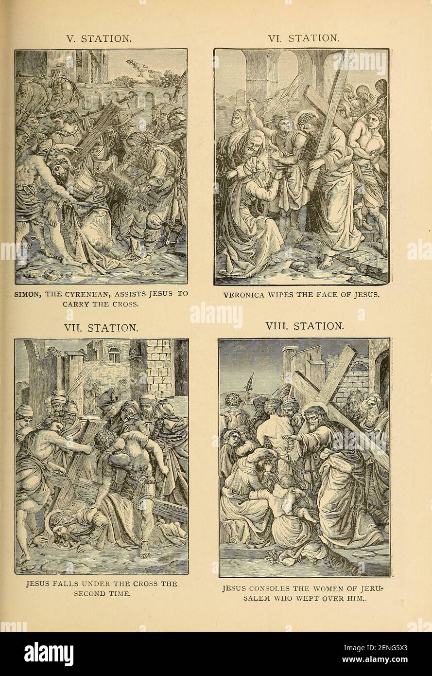 Stations of the Cross From ' The pictorial Catholic library ' containing seven volumes in one: History of the Blessed Virgin -- The dove of the tabernacle -- Catholic history -- Apparition of the Blessed Virgin -- A chronological index -- Pastoral letters of the Third Plenary. Council -- A chaplet of verses -- Catholic hymns  Published in New York by Murphy & McCarthy in 1887 Stock Photo