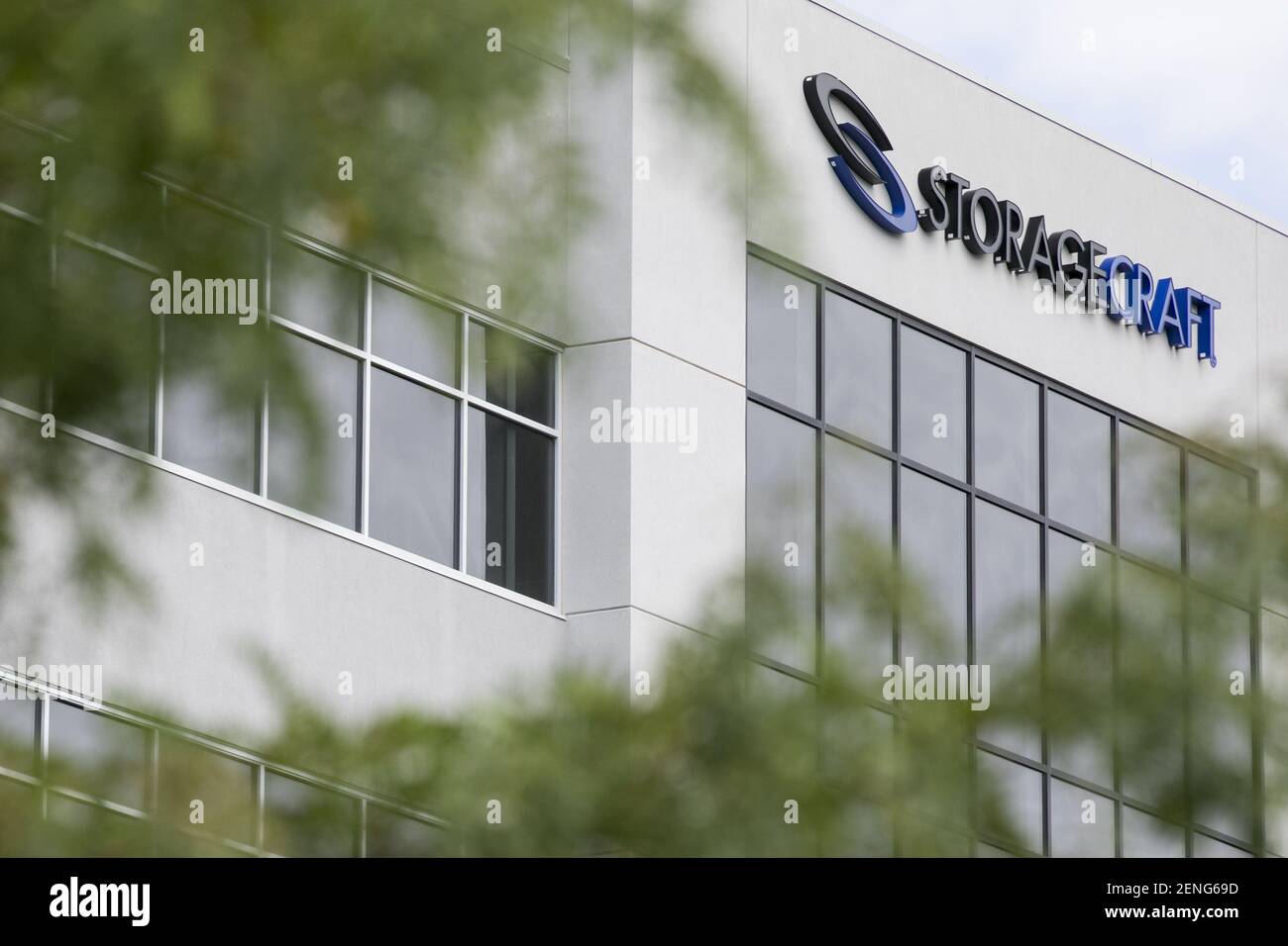 A logo sign outside of the headquarters of StorageCraft in Draper, Utah