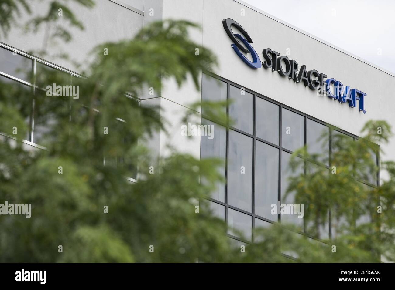 A logo sign outside of the headquarters of StorageCraft in Draper, Utah