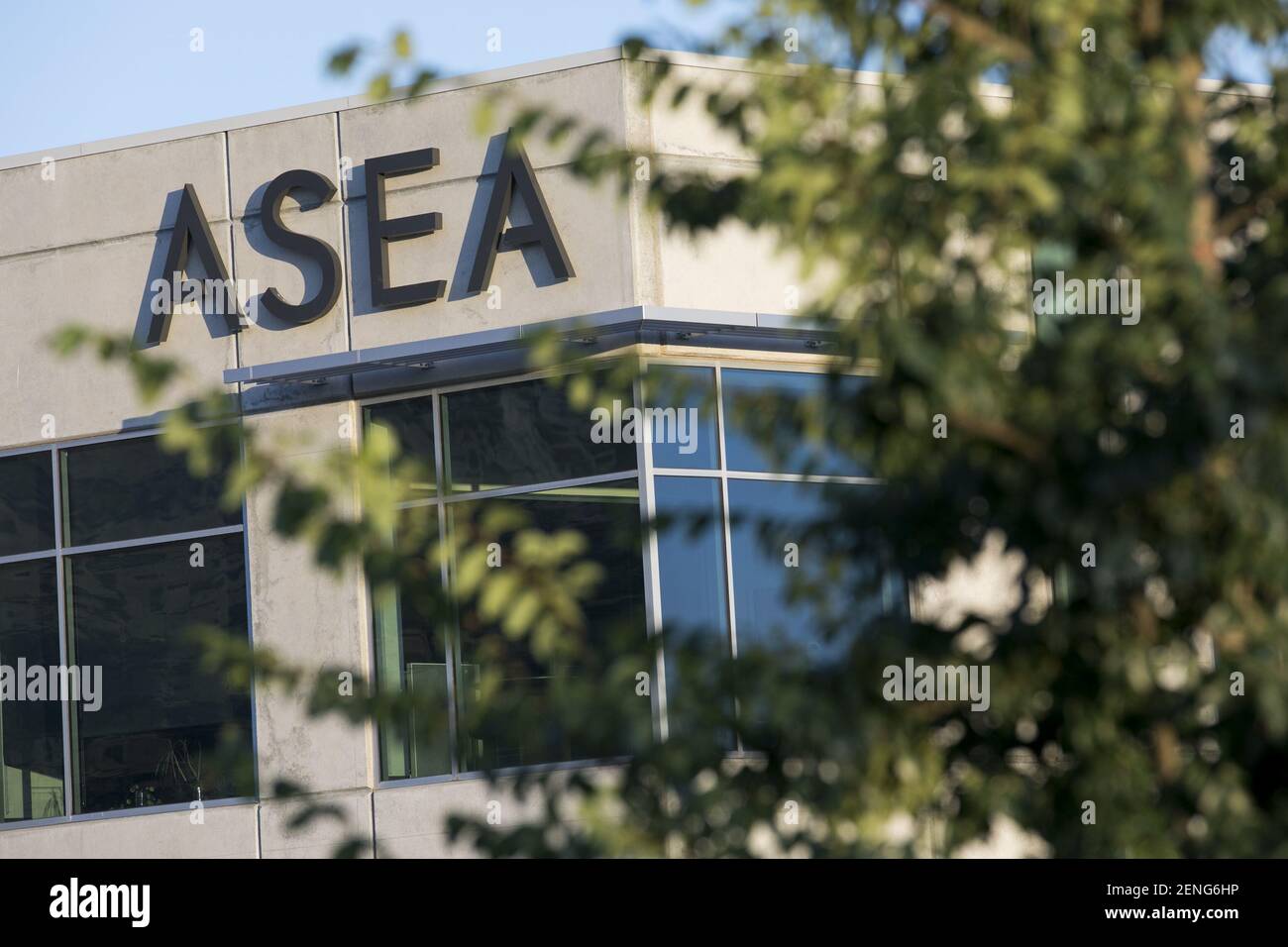 A logo sign outside of the headquarters of ASEA in Pleasant Grove, Utah