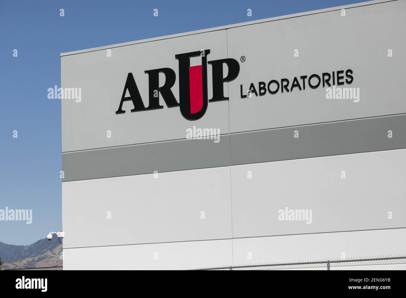 A logo sign outside of a facility occupied by ARUP Laboratories in Salt