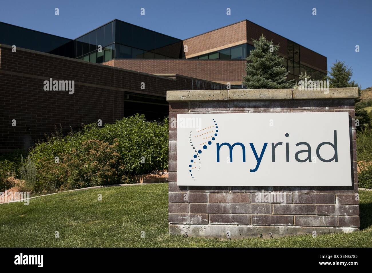 A logo sign outside of the headquarters of Myriad Genetics, Inc., in ...