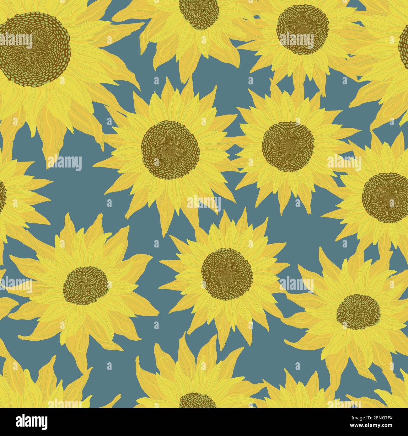 Seamless pattern with sunflowers on blue background. Flowers, buds and leaf  Vector backdrop with yellow flower in cartoon flat design. Stock Vector