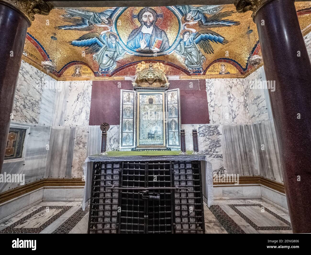 Main altar of the Sancta Sanctorum with the icon of Christ Pantocrator and above the mosaic of the 13th Century - Rome, Italy Stock Photo