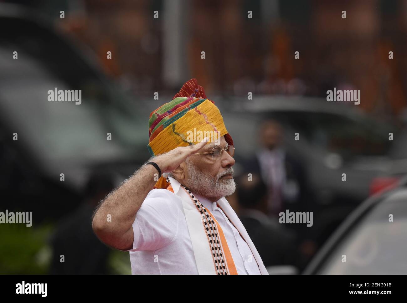 NEW DELHI, INDIA - AUGUST 15: Prime Minister Narendra Modi salutes the ...