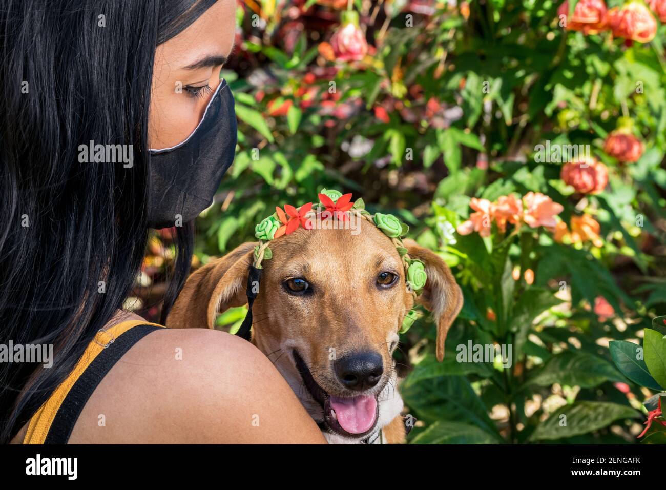 Close up of a Cuban girl wearing a black mask holding her female dog close to her in the garden Stock Photo