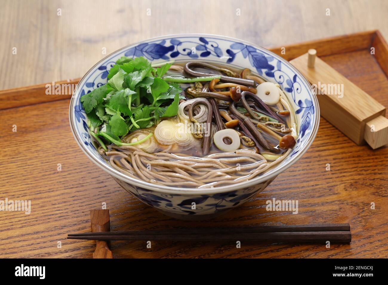 sansai soba, japanese buckwheat noodle soup with mountain vegetables
