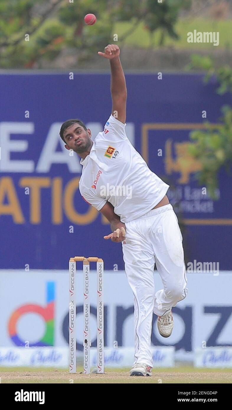 Sri Lankan cricketer Lasith Embuldeniya delivers a ball during the third day of the first test cricket match between Sri Lanka and New Zealand at the Galle International cricket ground, Galle, Sri Lanka. 16 August 2019 (Photo by Invent Pictures/Sipa USA)  Stock Photo