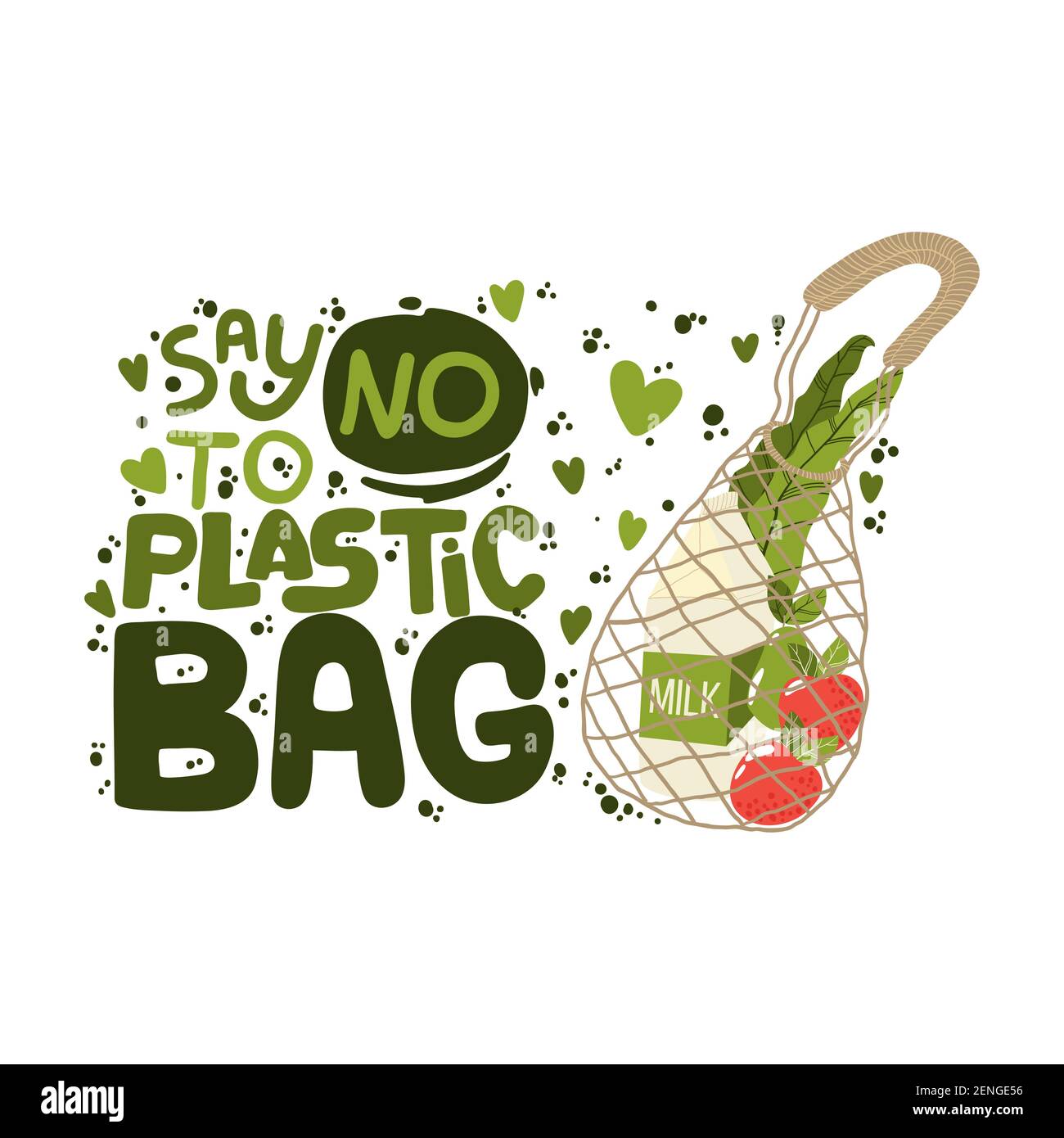 Eco bag hand written slogan. Lettering and illustration of zero waste lifestyle. No plastic