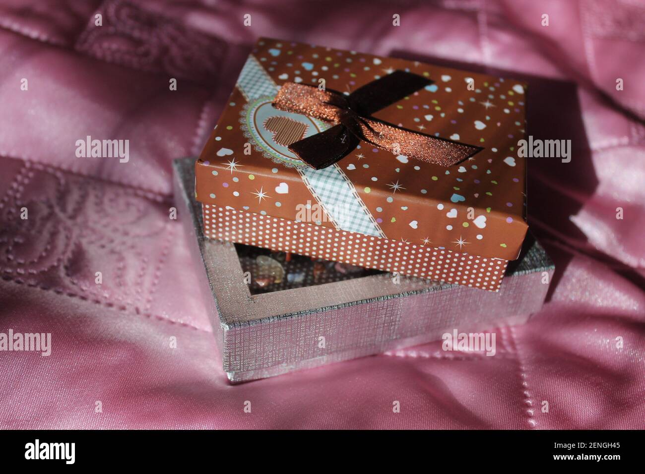 boxes with presents decorated silk ribbons with bow Stock Photo