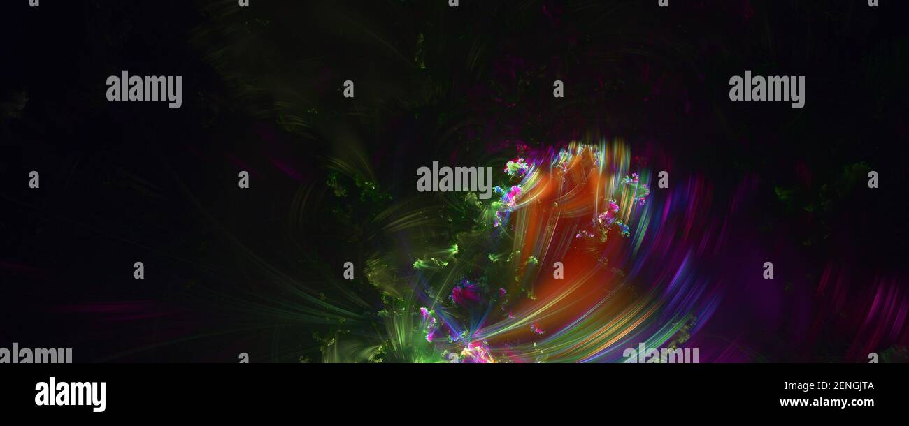 Horizontal image view fractal abstract background. Multicoloured pattern on black space Stock Photo