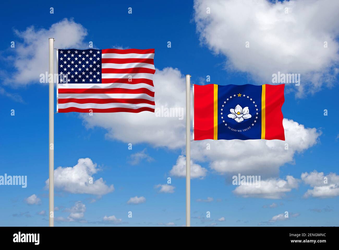 Die Flagge von den USA und die neue Flagge von Mississippi, gültig seit 20. November 2020, USA, Stock Photo