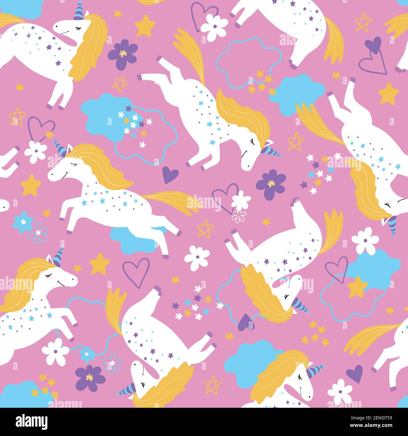 Childish seamless pattern with unicorns. vector pattern with white unicorns on a pink background. Stock Vector