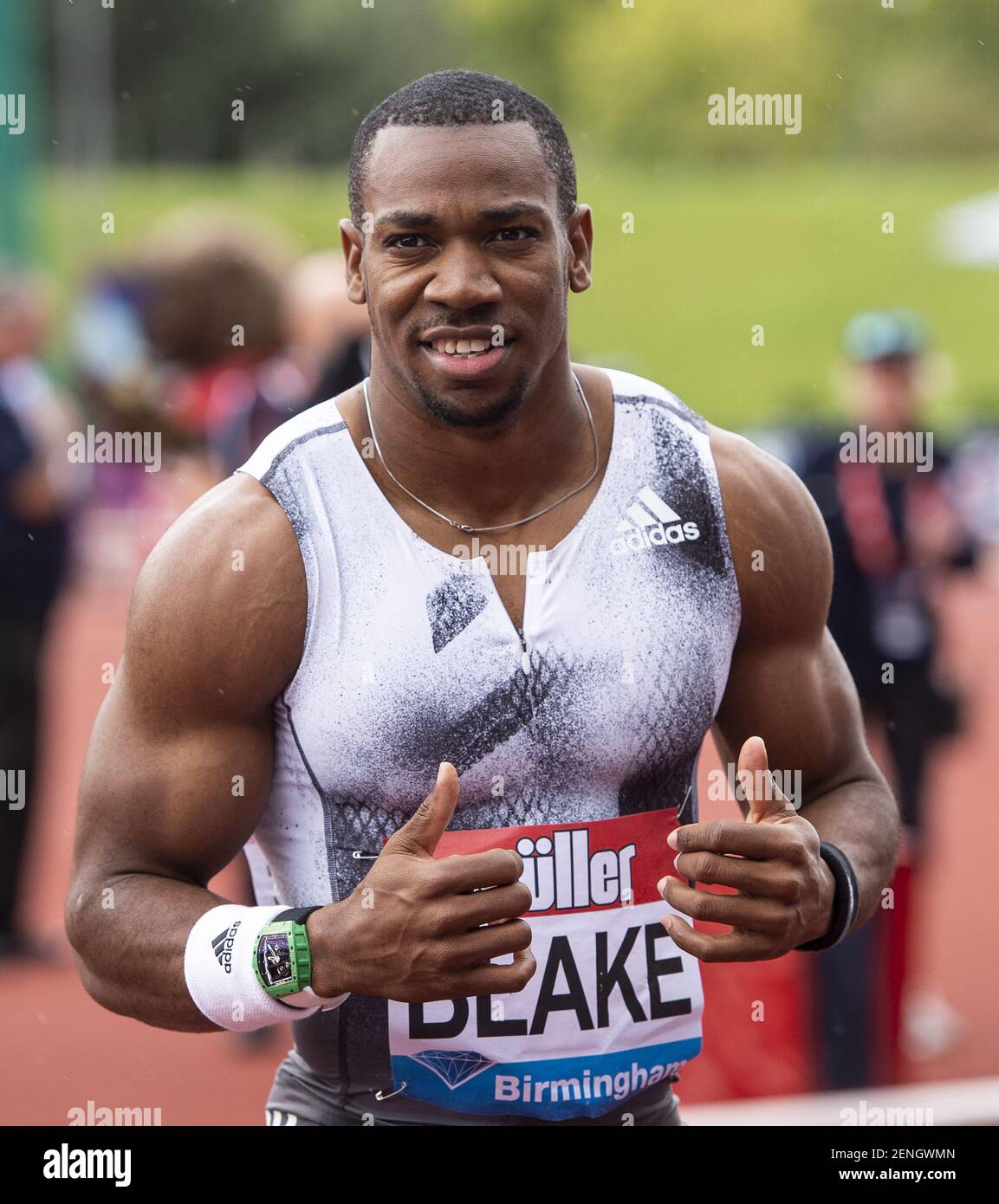 Yohan Blake (JAM) celebrates his win in the 100m during the Muller  Birmingham Grand Prix & IAAF Diamond League event at the Alexander Stadium.  (Photo by Gary Mitchell / SOPA Images/Sipa USA