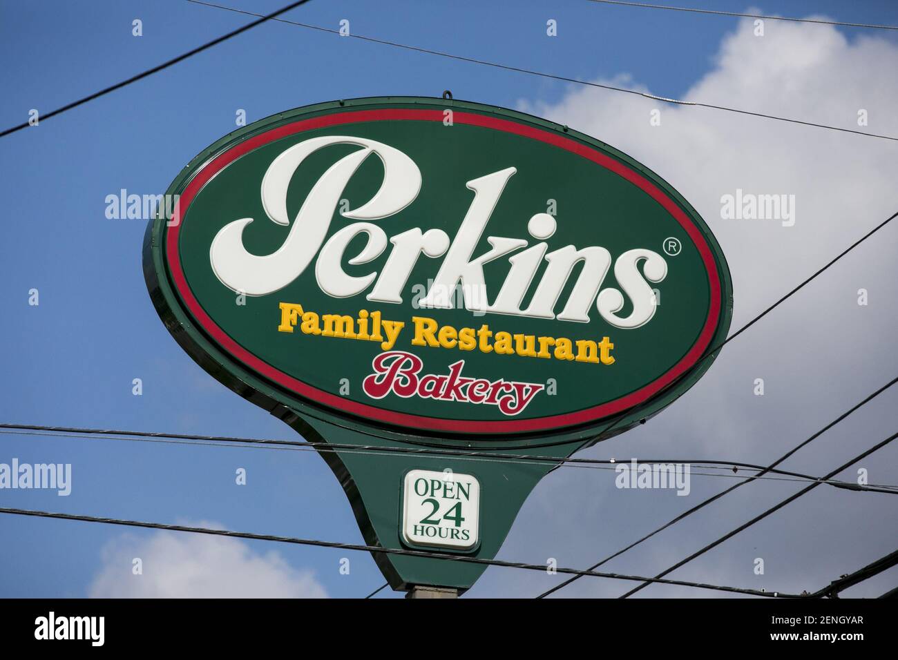 A logo sign outside of a Perkins Restaurant and Bakery location in