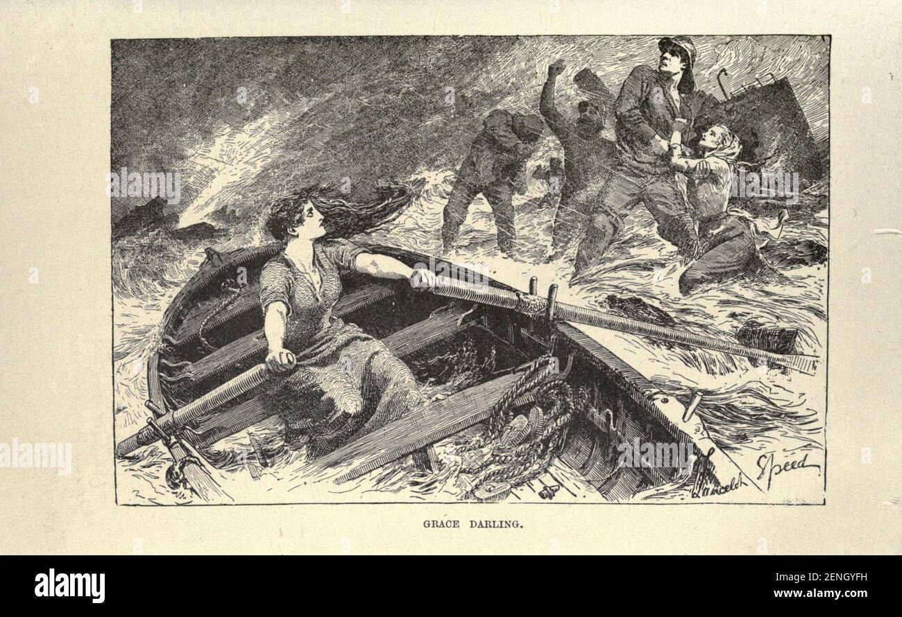 The Story of Grace Darling From the book ' The true story book ' [Grace Horsley Darling (24 November 1815 – 20 October 1842) was an English lighthouse keeper's daughter. Her participation in the rescue of survivors from the shipwrecked Forfarshire in 1838 brought her national fame. The paddlesteamer ran aground on the Farne Islands off the coast of Northumberland in northeast England; nine members of her crew were saved] Edited by ANDREW LANG illustrated by L. BOGLE, LUCIEN DAVIS, H. J. FORD, C. H. M. KERR, and LANCELOT SPEED. Published by Longmans, Green, and Co. London and New York in 1893 Stock Photo