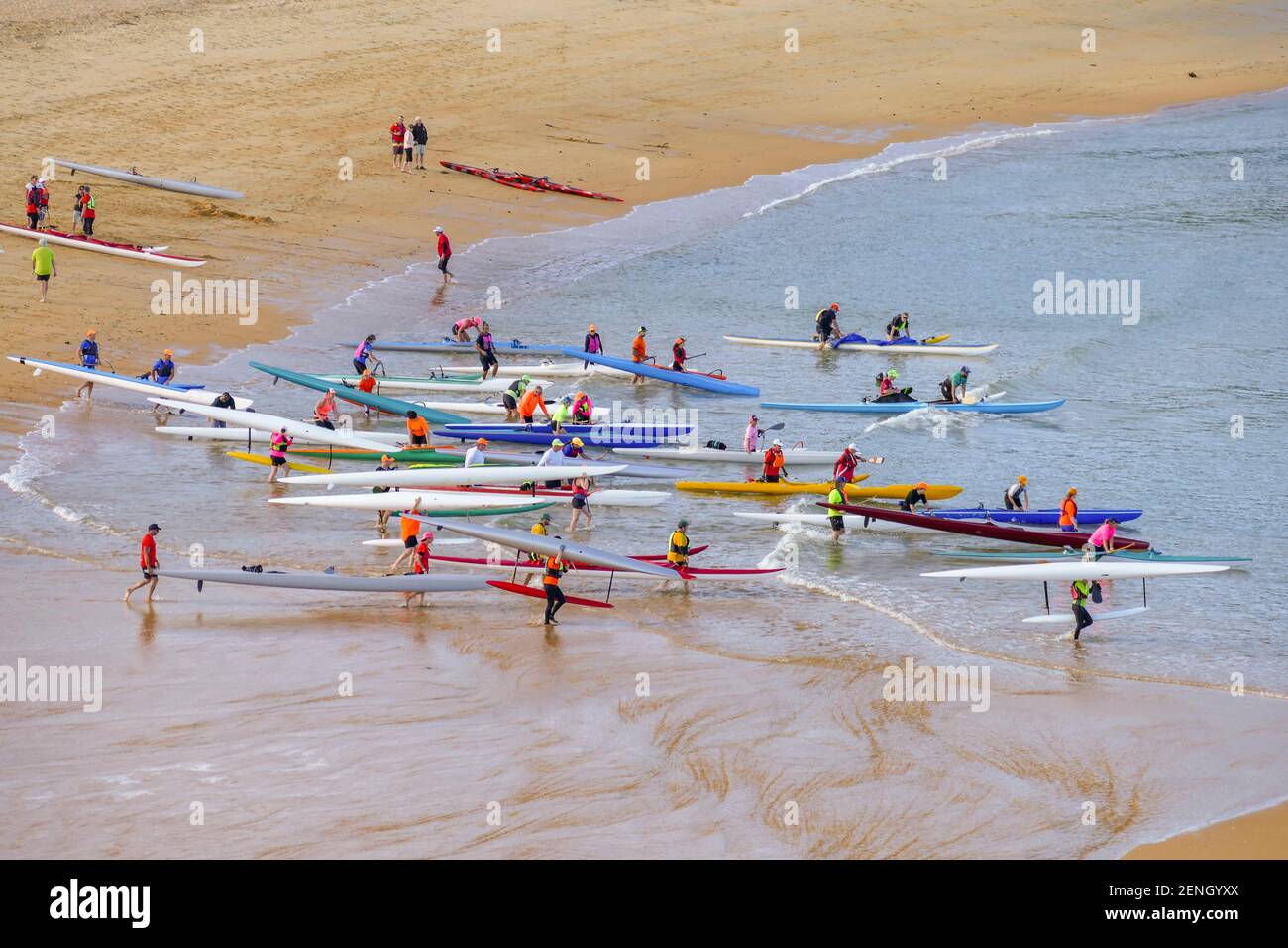 lots of canoes at Kaiteriteri beach in New Zealand Stock Photo