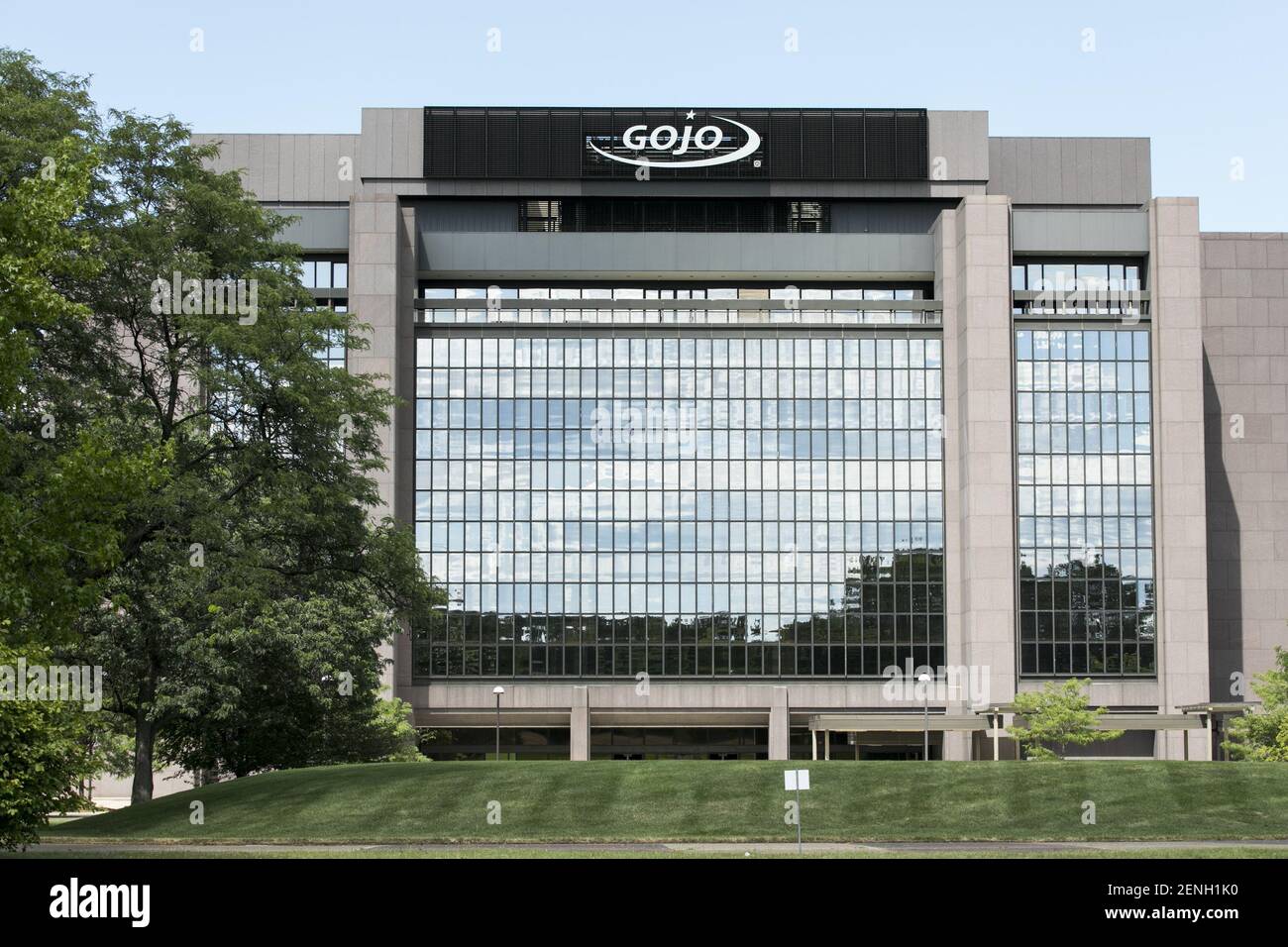 A logo sign outside of the headquarters of GOJO Industries in Akron ...